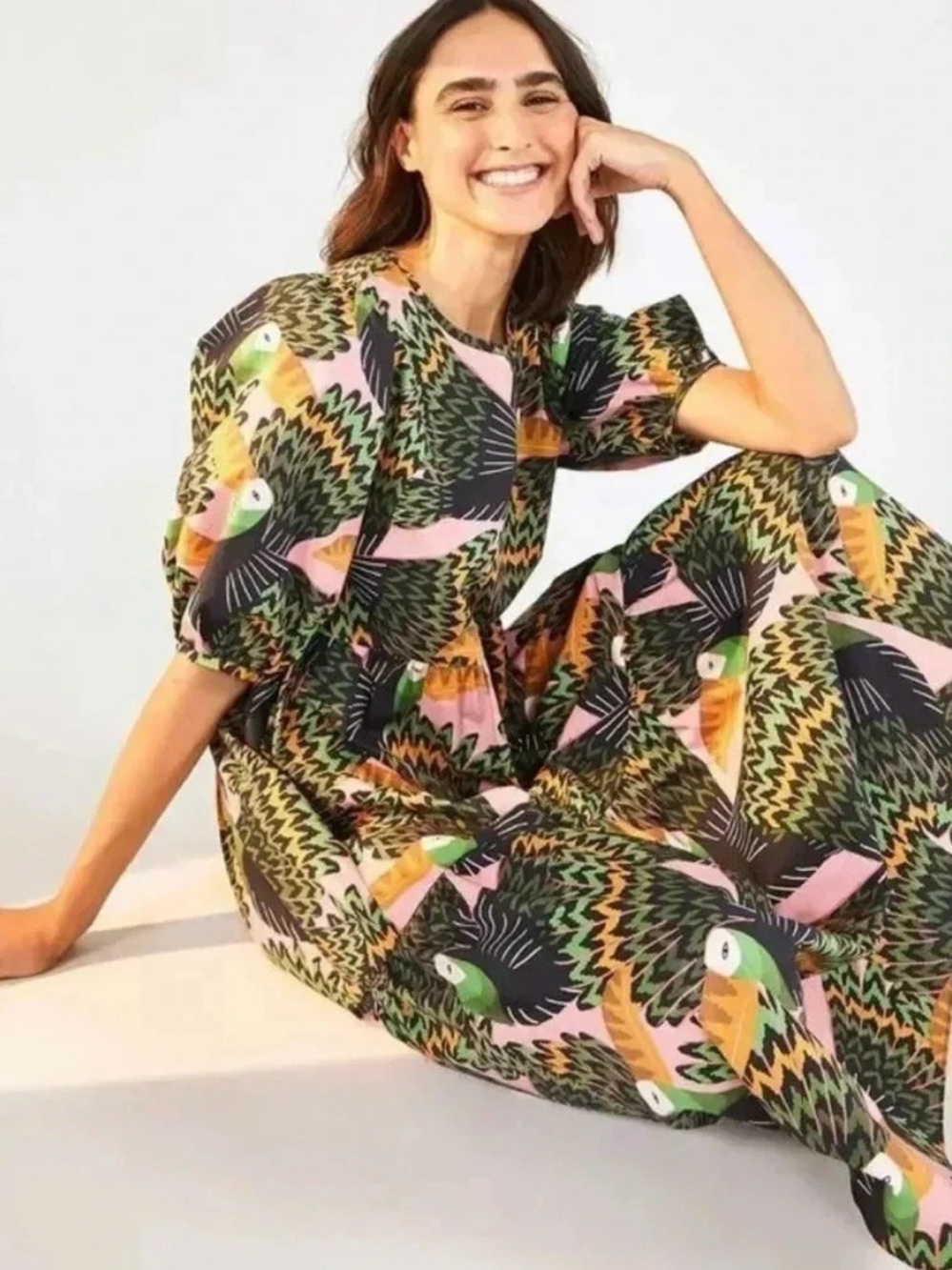 FARM Rio Pink TUCANI midi dress with puff sleeves